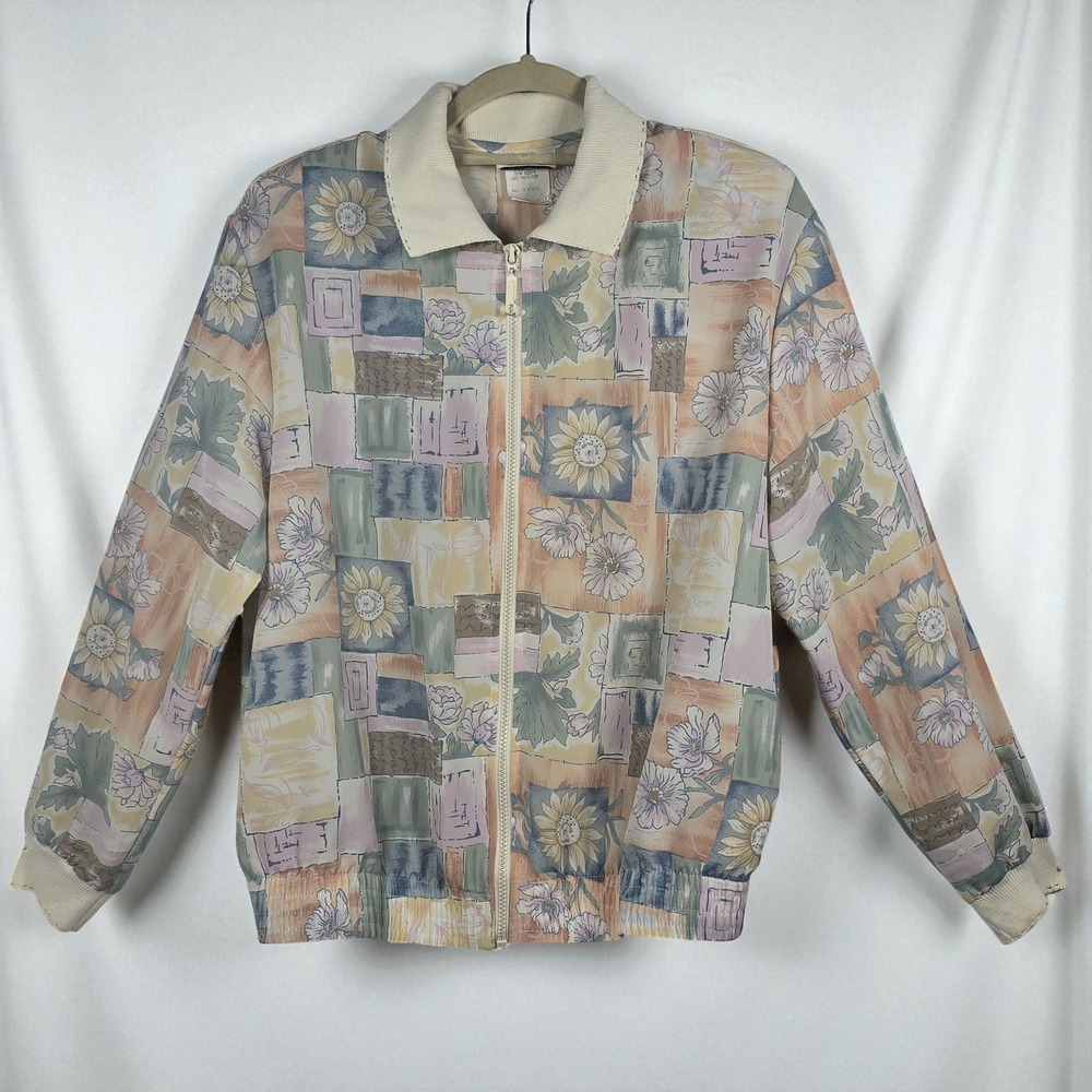 Vintage Tag Floral Patchwork Print Jacket Woman Medium Cream Collared Full‎ Zip